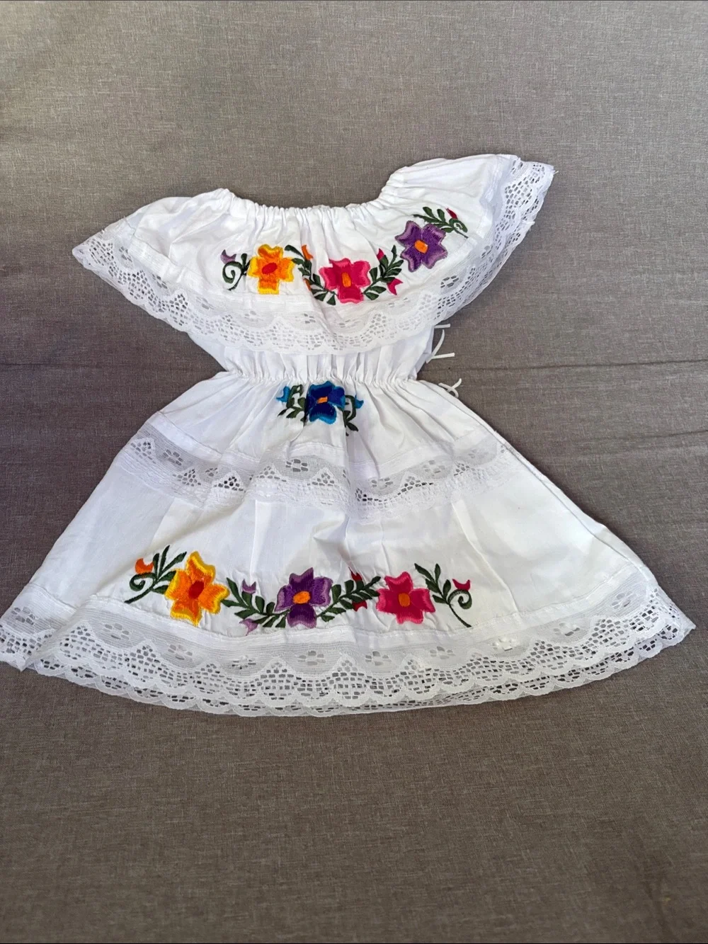 White Embroidered Off-Shoulder Girls Dress with Multicolor Floral Accents